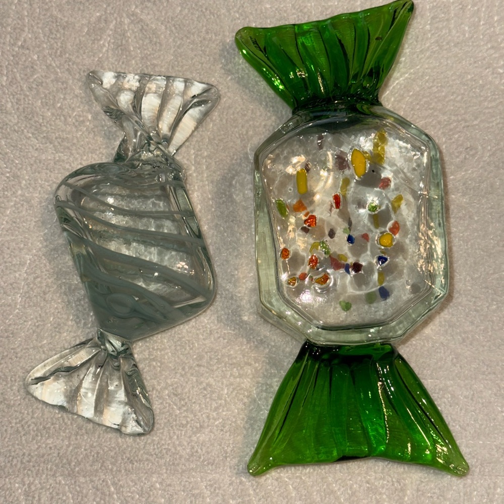 Two Vintage Murano style Wrapped Candy Piece Large Paperweight Art Glass